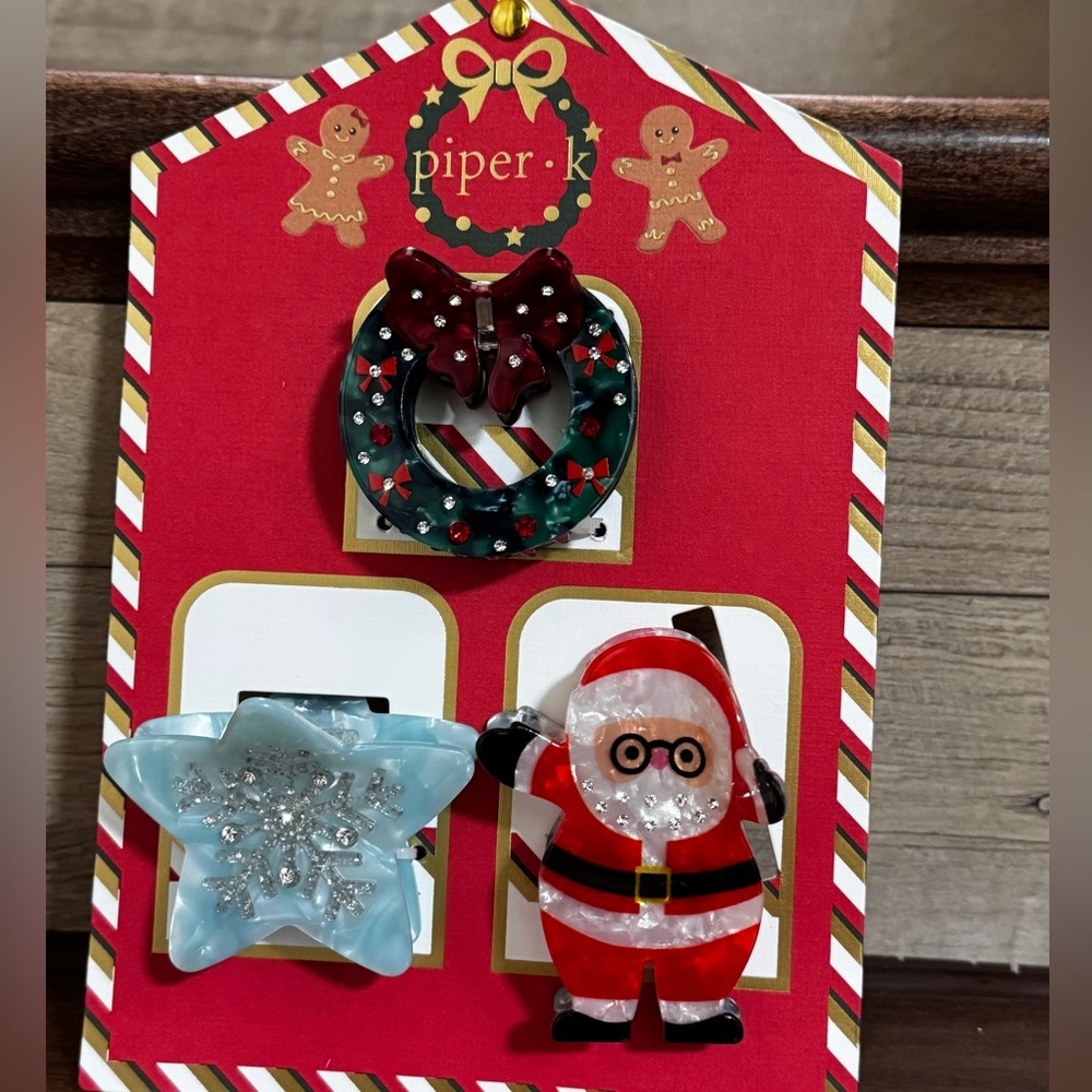 Piper K . Pack of 3 a wreath, Santa, and a snowflake. Hair Clips -  NWT